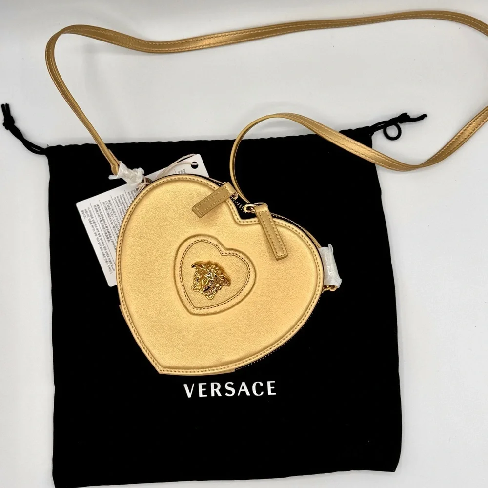 NWT Versace Heart Medusa Crossbody Strap Bag Gold Leather Kids Purse Logo Plaque